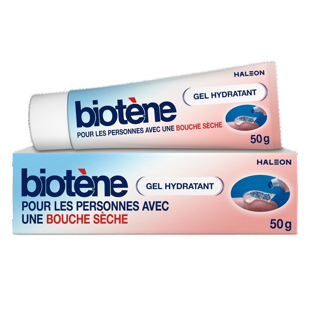 Tube et boîte de gel biotène™. Inscription : Pour les personnes avec une bouche sèche. 50g.