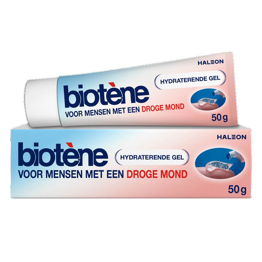 Tube en verpakking biotène™ gel. Opschrift: Voor mensen met een droge mond. 50g.