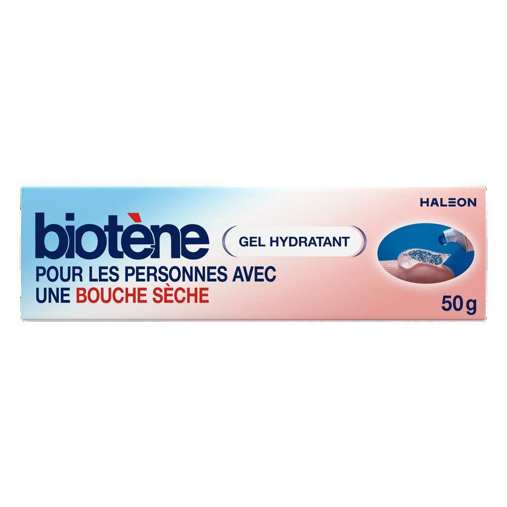 Boîte de gel biotène™. Inscription : Pour les personnes avec une bouche sèche. 50g.