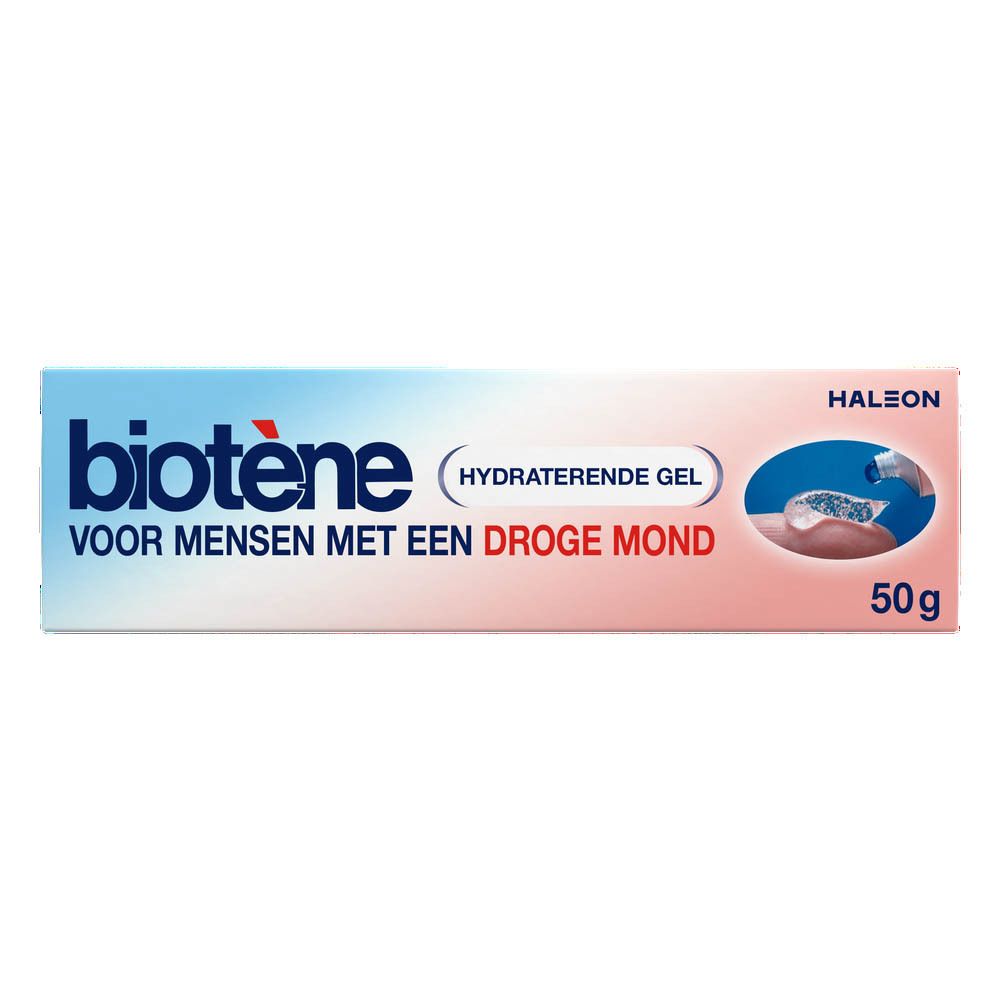Verpakking biotène™ gel. Opschrift: Voor mensen met een droge mond. 50g.