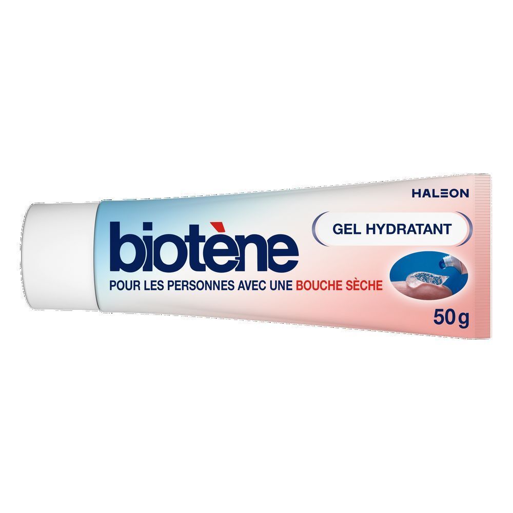 Tube de gel biotène™. Inscription : Pour les personnes avec une bouche sèche. 50g.
