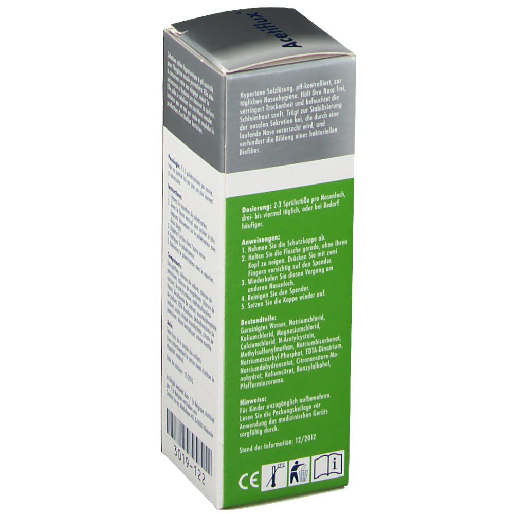 Boîte verte et blanche avec texte. Acetiflux Nasenspray. Logo Sandoz. Instructions d'utilisation et ingrédients.