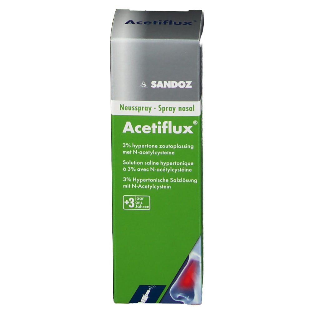 Boîte verte et blanche. Acetiflux Nasenspray. Logo Sandoz. Texte: Solution saline hypertonique à 3% avec N-acétylcystéine.