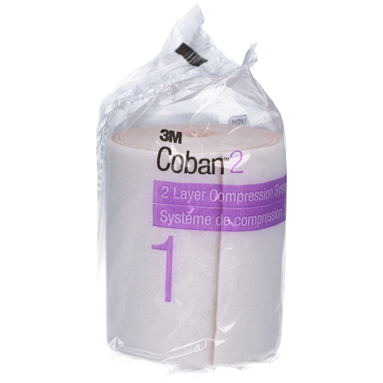 Rouleau emballé 3M Coban 2. Inscription : 2 Layer Compression System, Système de compression. Bandage blanc, accent violet. En film.