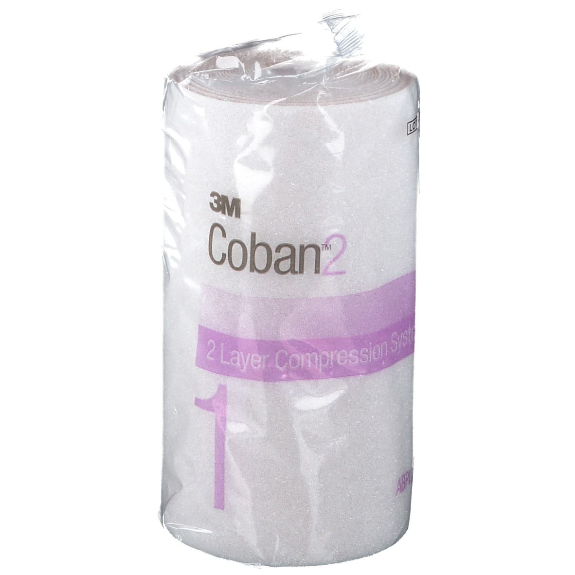 Verpakte witte bandage. Opschrift: 3M Coban 2, 2-laags compressiesysteem.