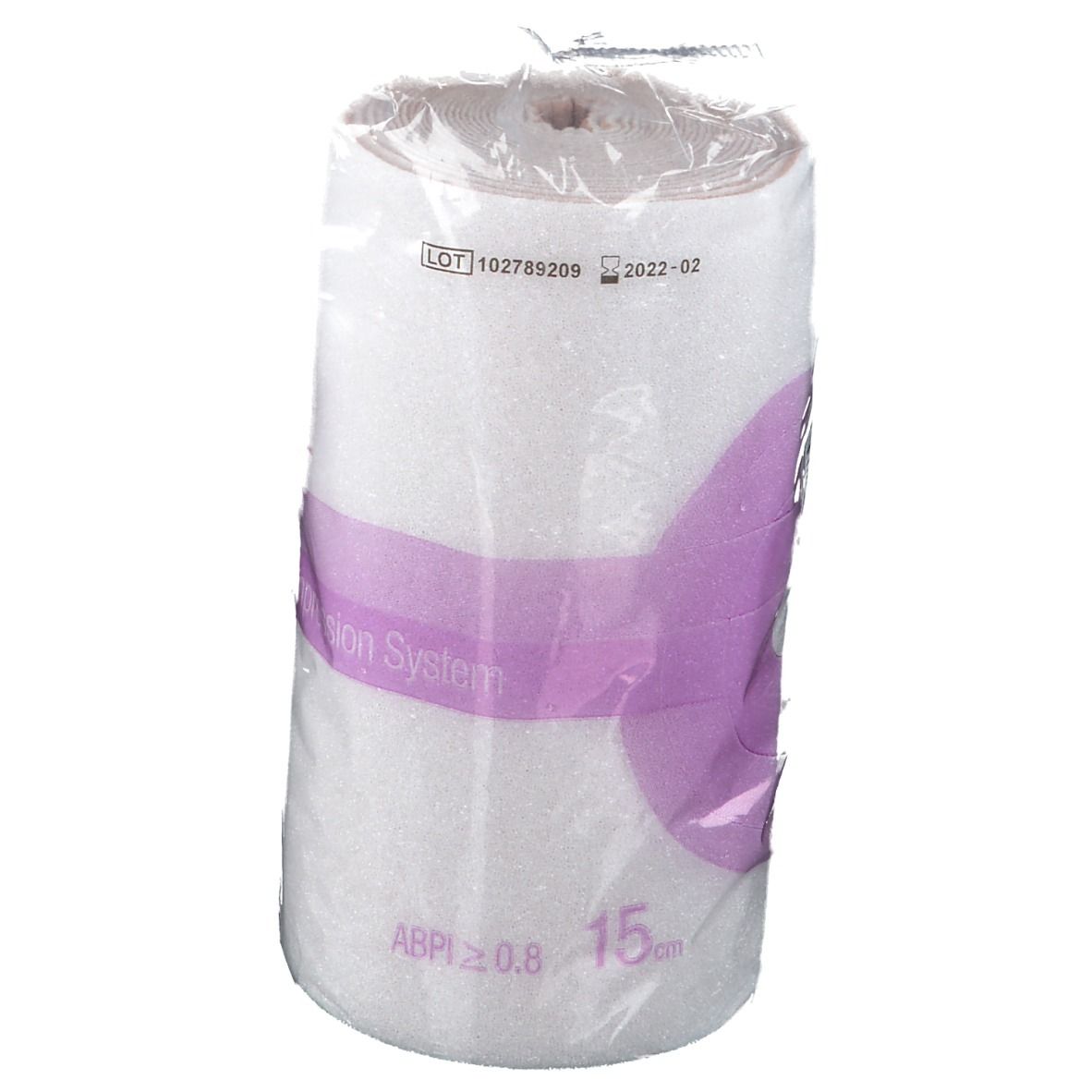 Verpakte witte bandage. Opschrift: 3M Coban 2, 2-laags systeem, 15 cm.