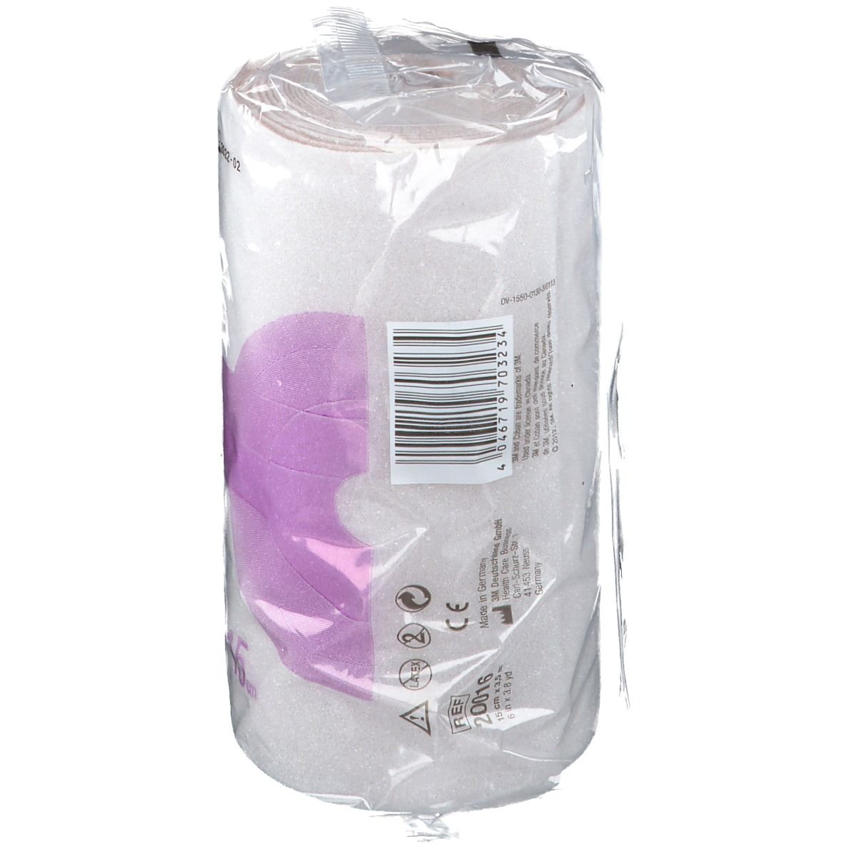 Verpakte witte bandage. Opschrift: 3M Coban 2, 2-laags systeem, 15 cm.