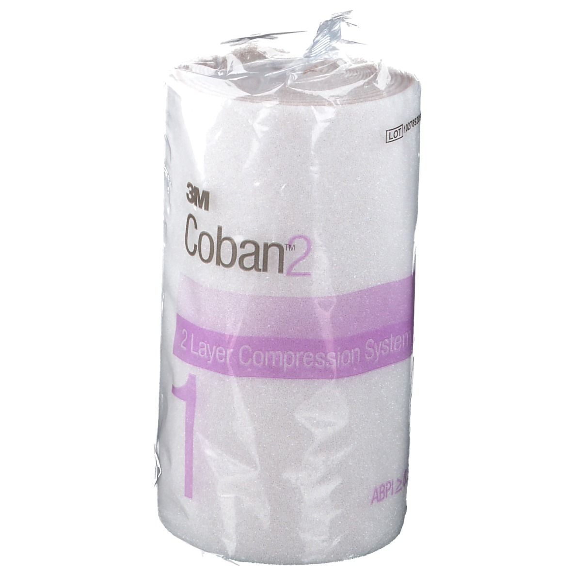 Verpakte witte bandage. Opschrift: 3M Coban 2, 2-laags systeem, 15 cm.