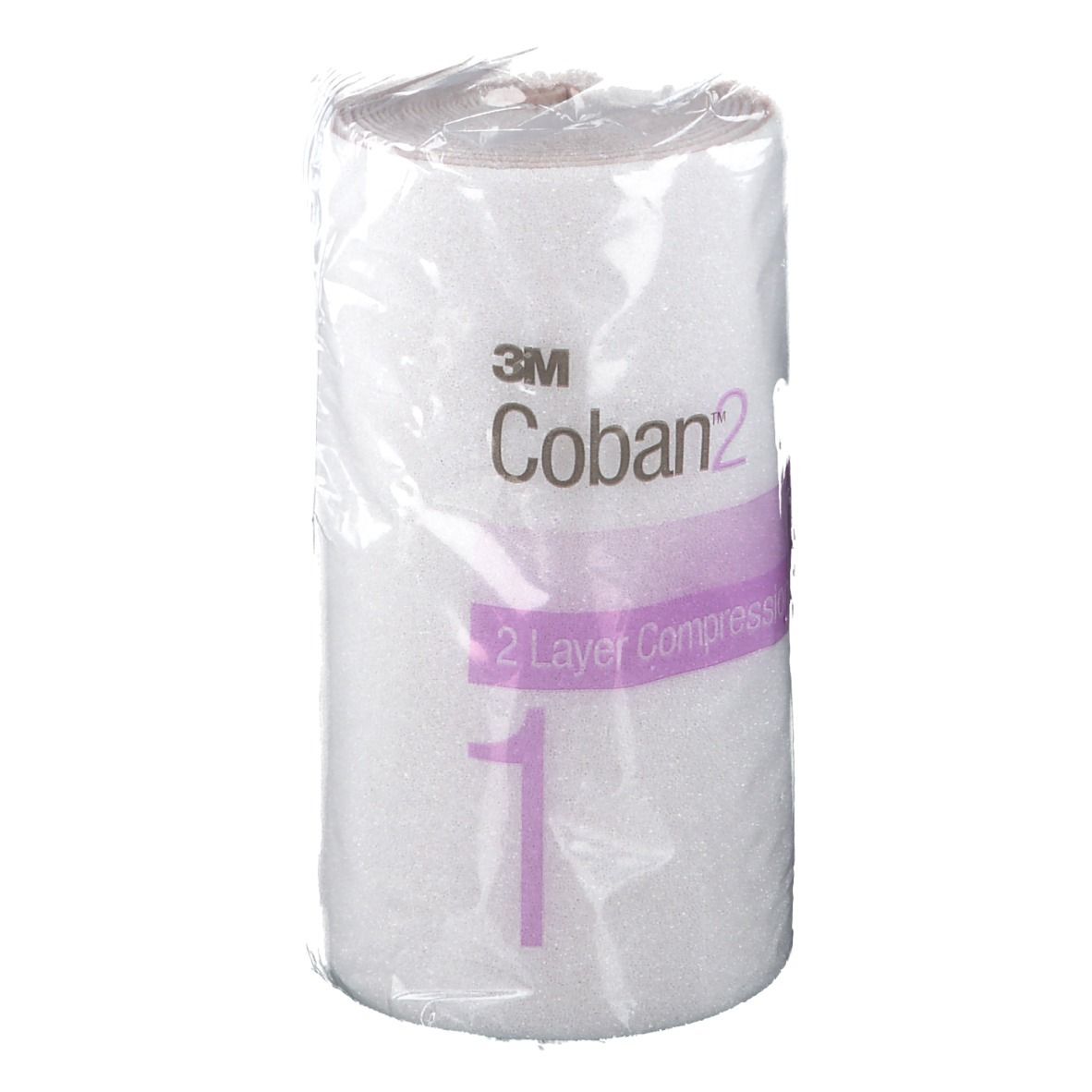Verpakte witte bandage. Opschrift: 3M Coban 2, 2-laags systeem, 15 cm.