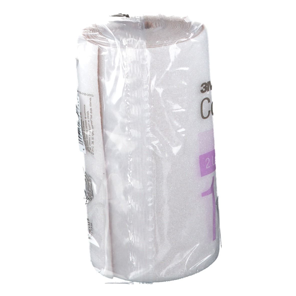 Verpakte witte bandage. Opschrift: 3M Coban 2, 2-laags systeem, 15 cm.