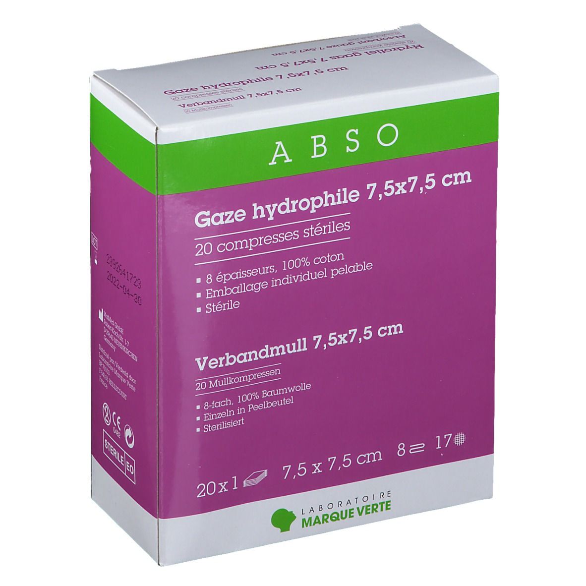 Abso Gaze Hydrophile Stérile 7,5x7,5cm