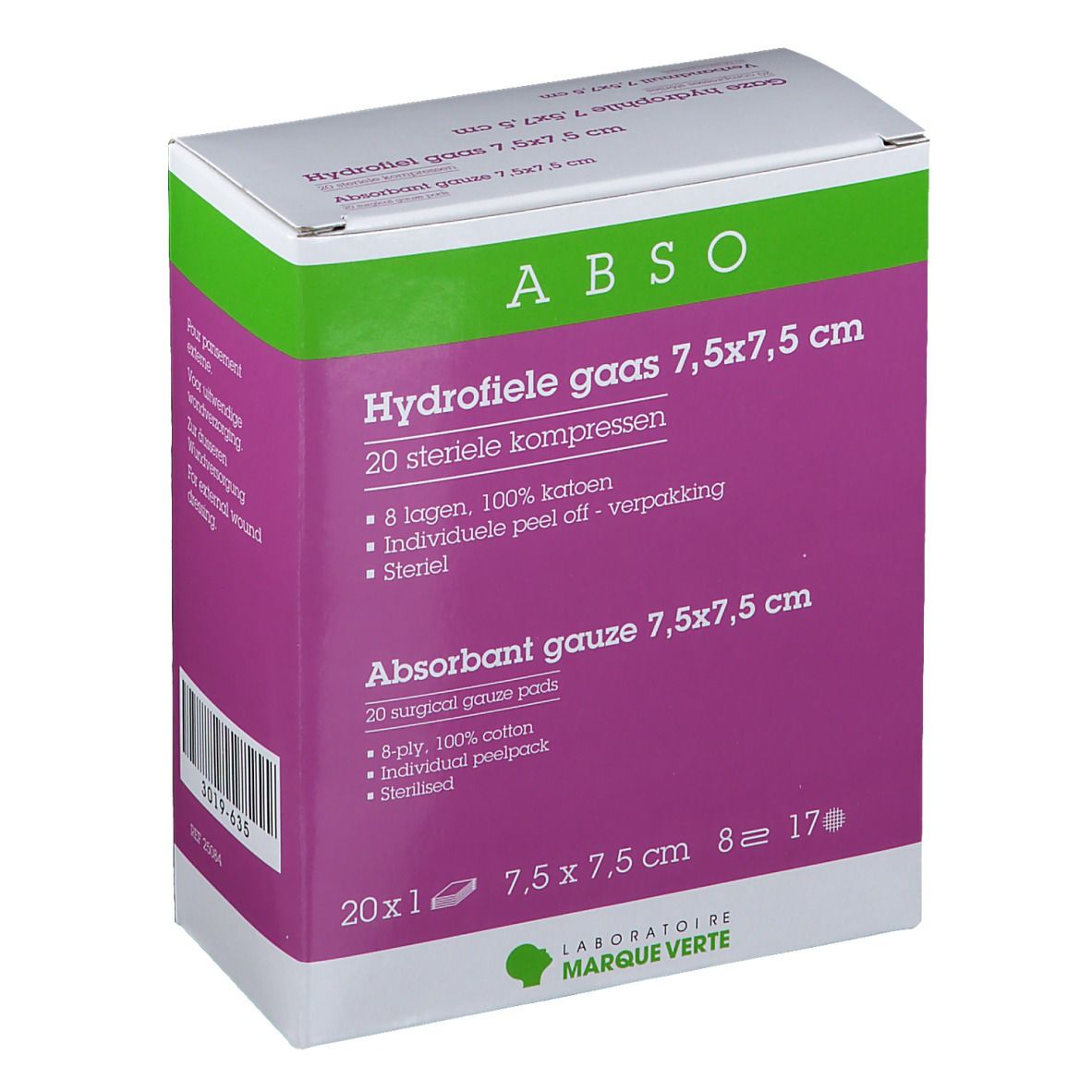 Abso Gaze Hydrophile Stérile 7,5x7,5cm