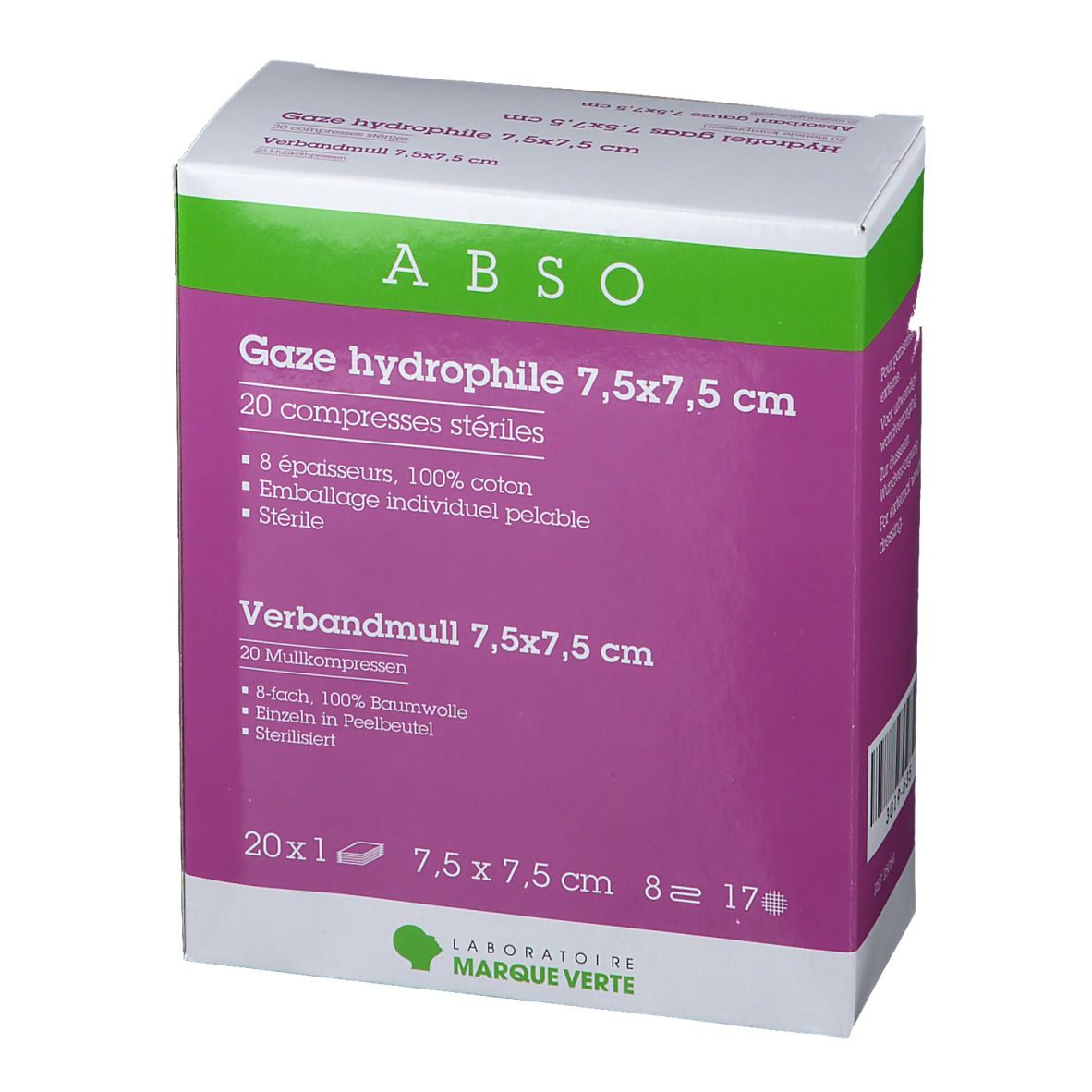Abso Gaze Hydrophile Stérile 7,5x7,5cm
