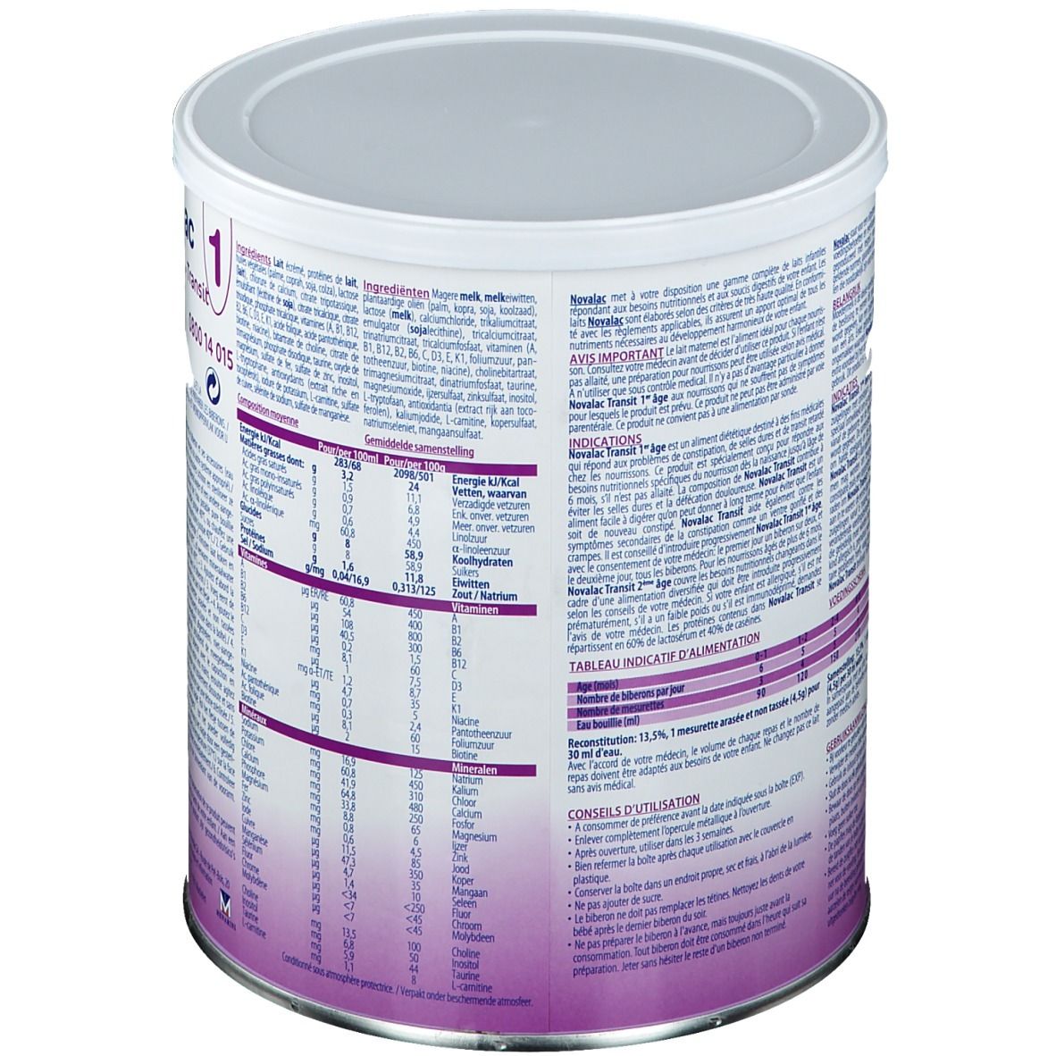 Blik met productinformatie en voedingswaarde-informatie. Witte deksel, zilverkleurig blik. Meertalige tekst.