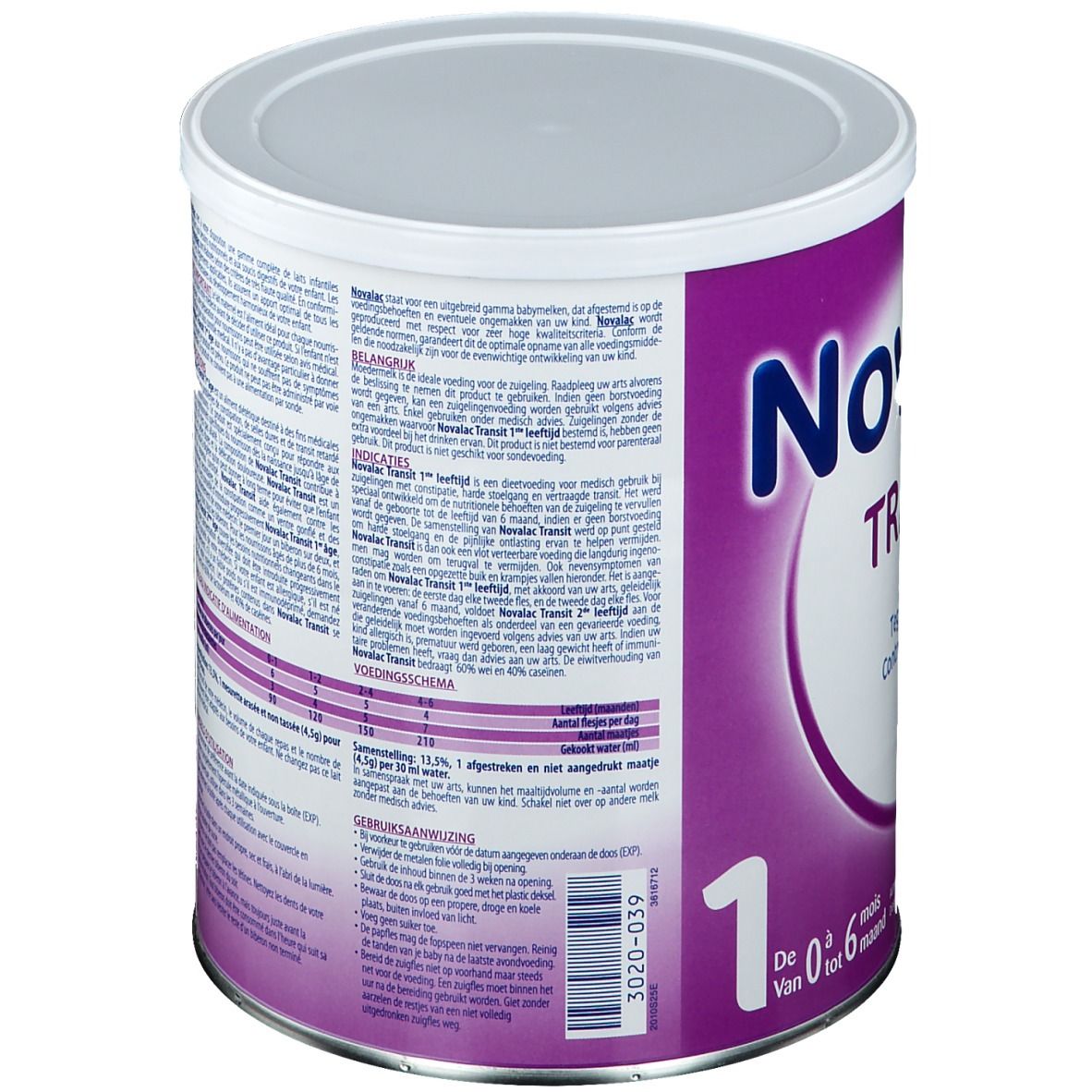 Cilindervormig blik met witte deksel. Opschrift Novalac Transit 1. Paars en wit design. Meertalige tekst.
