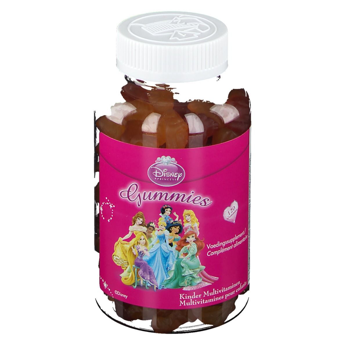 Disney Gummies Multivitamines Princesses. Flacon de bonbons gélifiés. Étiquette rose avec princesses. Couvercle blanc.