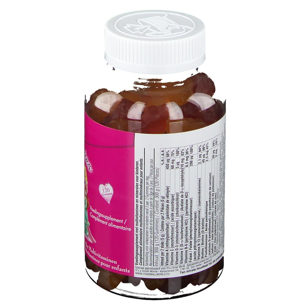 Disney Gummies Multivitamines Princesses. Flacon de bonbons gélifiés. Dos avec informations nutritionnelles. Couvercle blanc.