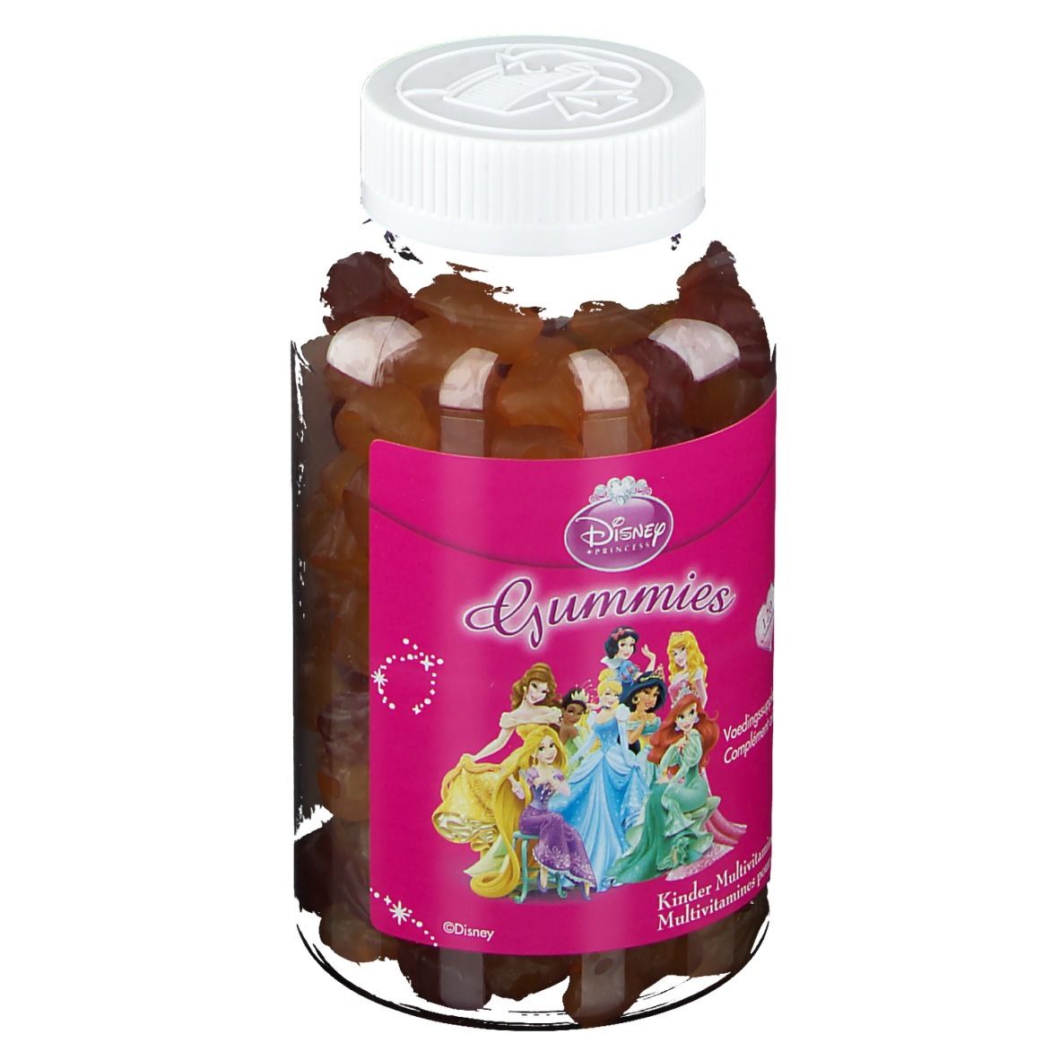 Disney Gummies Multivitamines Princesses. Flacon de bonbons gélifiés. Étiquette rose avec princesses. Couvercle blanc.