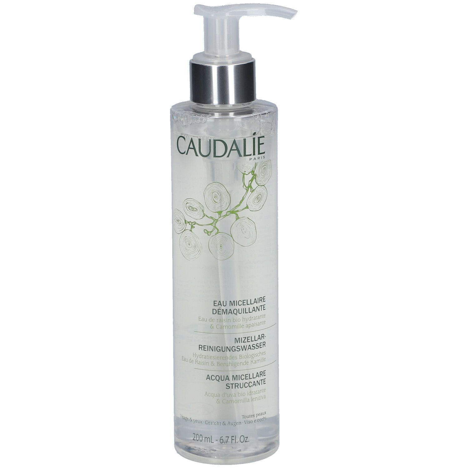 Transparante fles met pomp. Opschrift CAUDALIE, Eau Micellaire Demaquillante, Mizellen-Reinigungswasser, Acqua Micellare Struccante. Met bloemenontwerp.