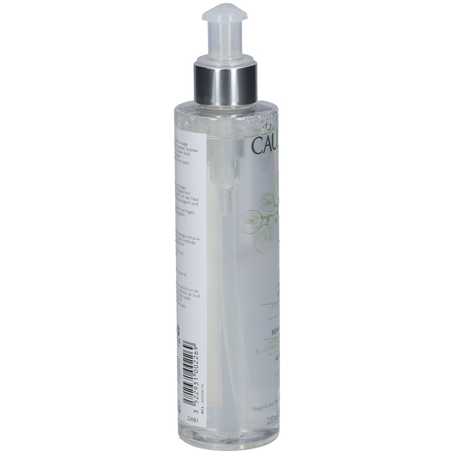 Transparante fles met pomp. Opschrift CAUDALIE. Etiket met productinformatie. Fles staat licht schuin.