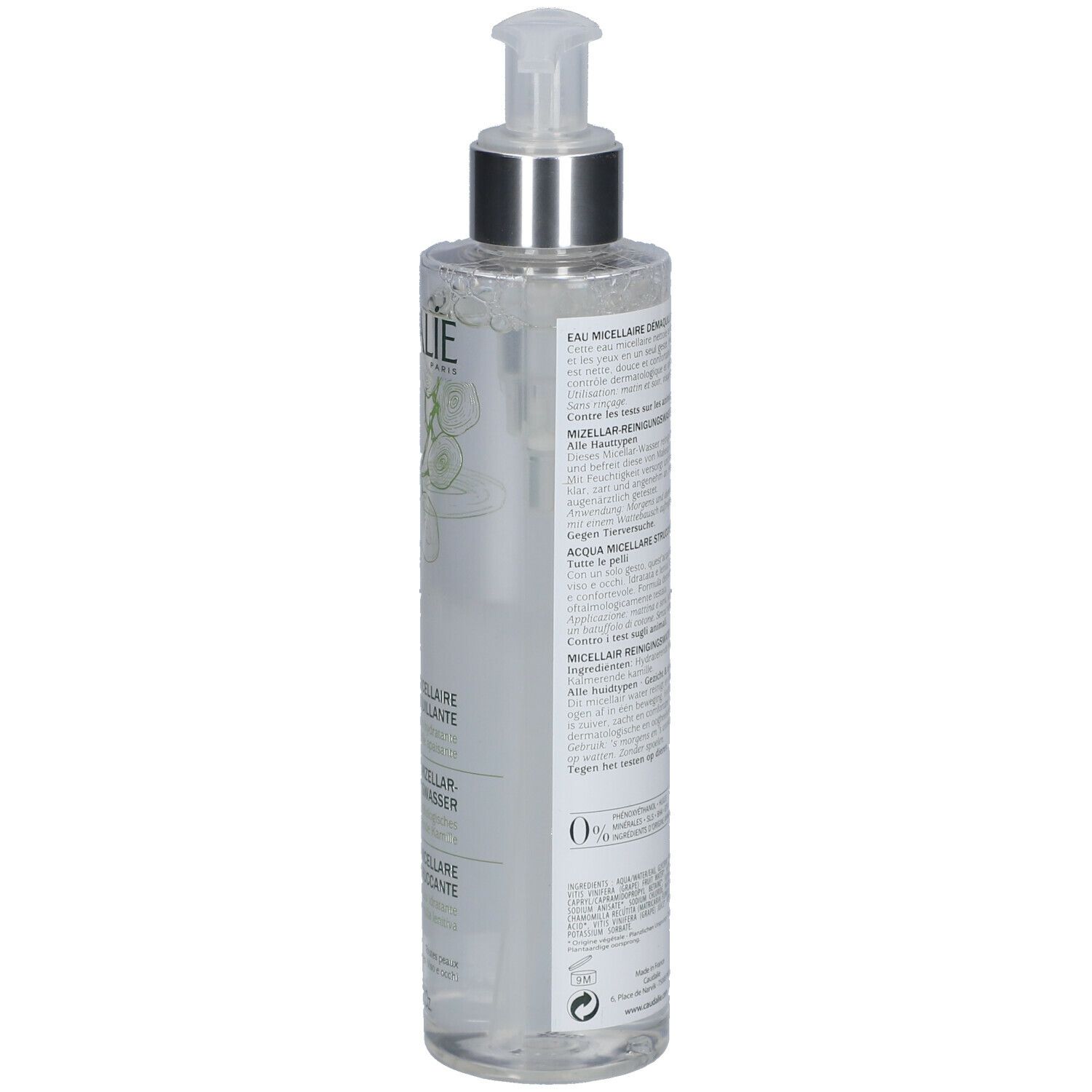 Transparante fles met pomp. Opschrift CAUDALIE. Etiket met productinformatie. Fles staat licht schuin.