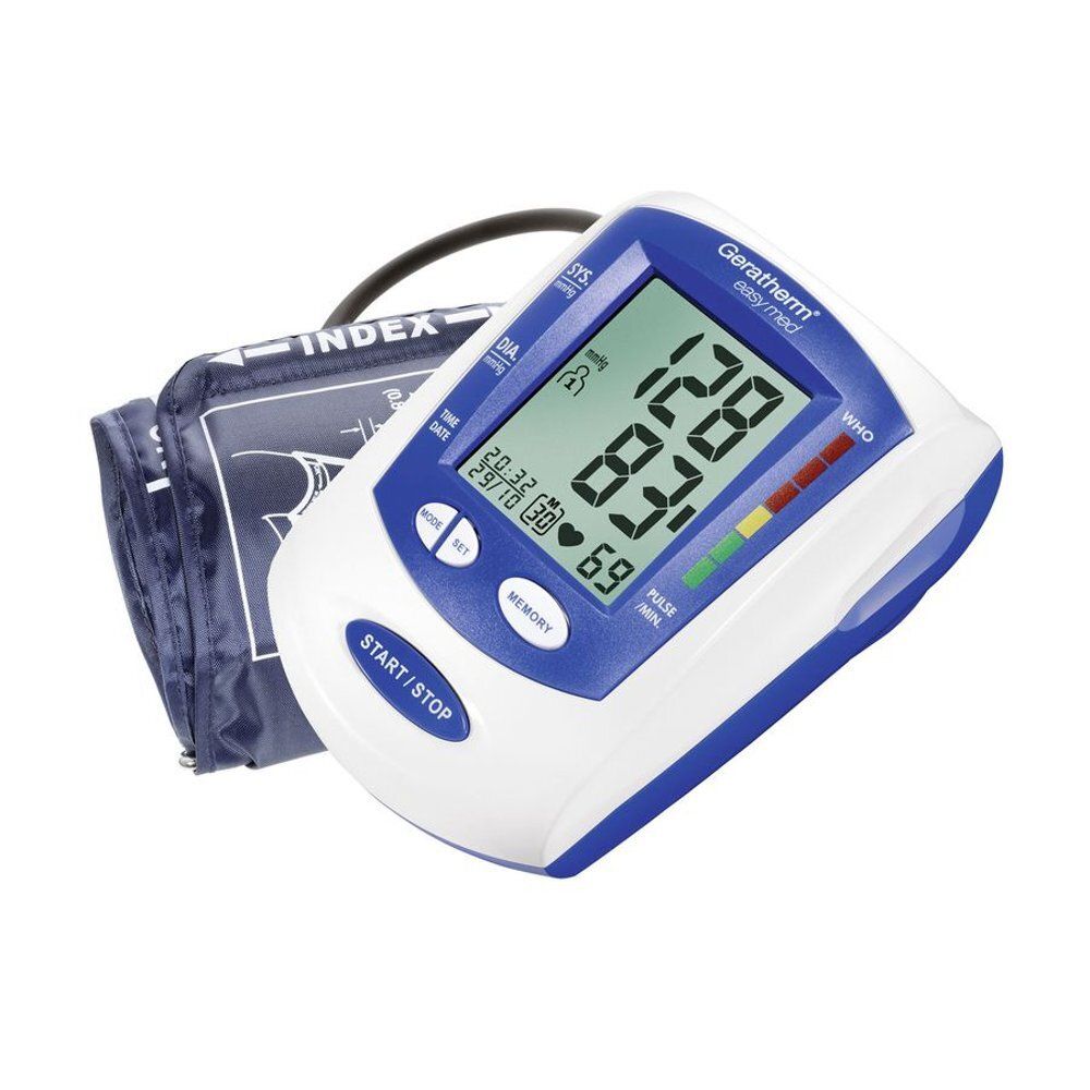 Bloeddrukmeter met manchet. Digitale display met meetwaarden. Merk: Geratherm easy med. Wit en blauw design.