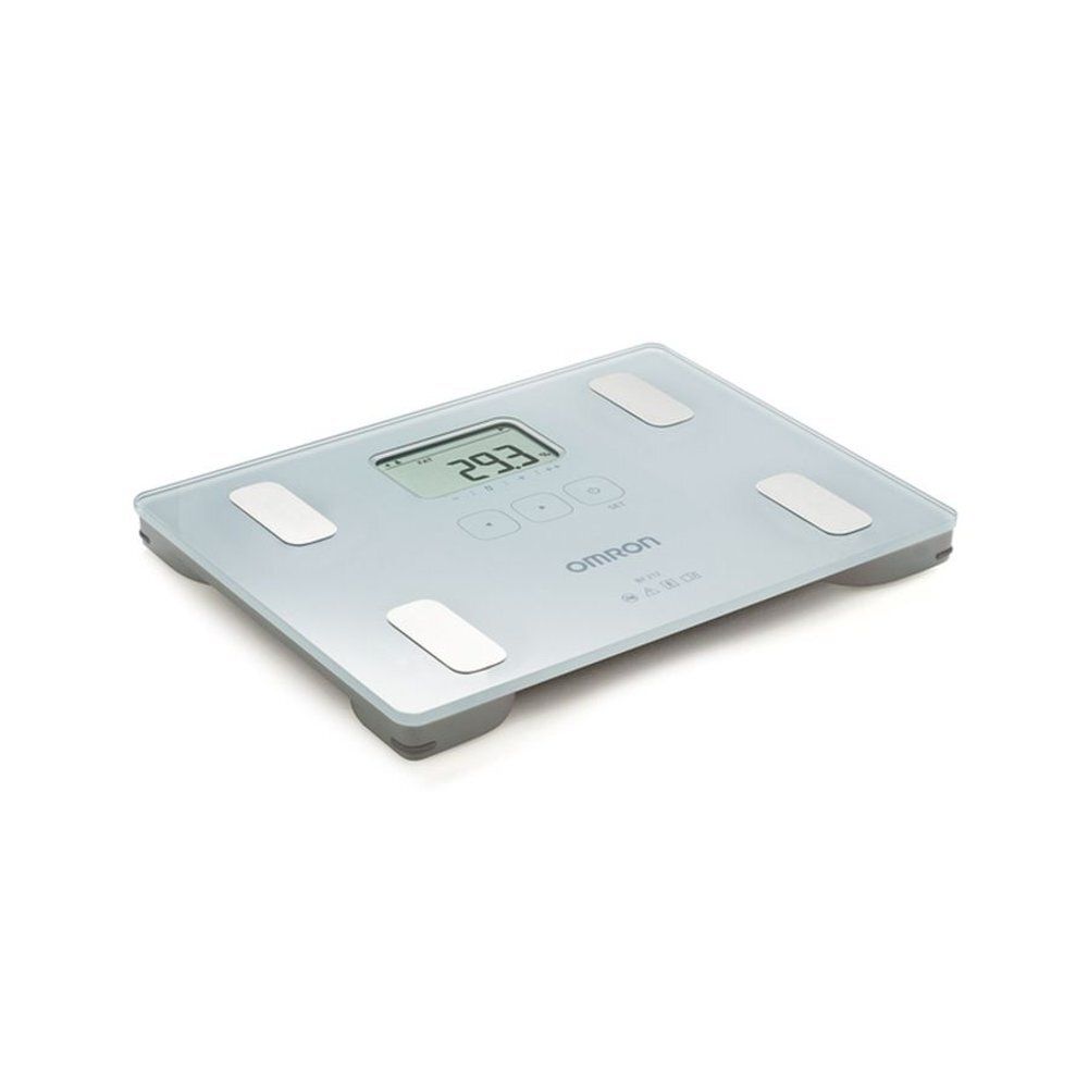 Balance Omron BF212. Rectangulaire, blanche, affichage numérique. 4 zones de contact.