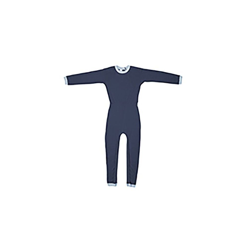 Blauw jumpsuit met lange mouwen en benen. Witte kraag en manchetten. Sluiting op rug en benen.