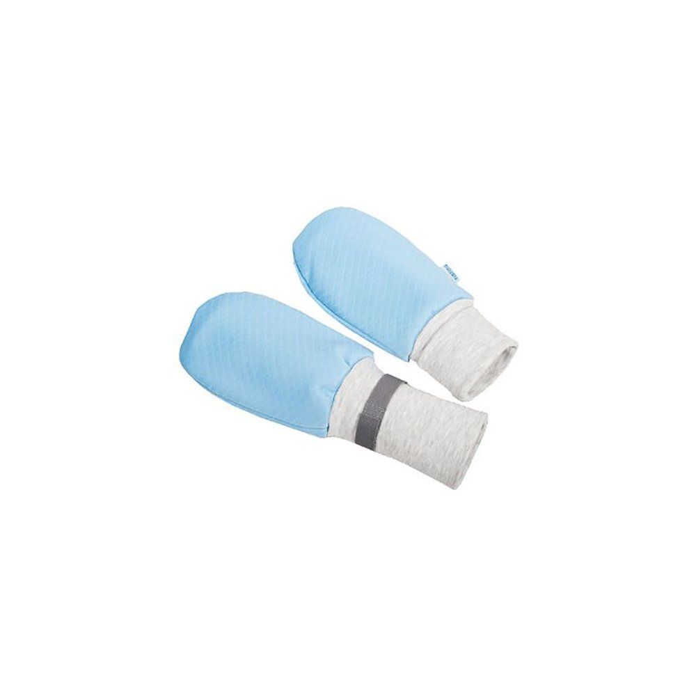 Twee blauwe patiëntenhandschoenen met grijze manchetten. Ruitpatroon. Grijze band om de pols.