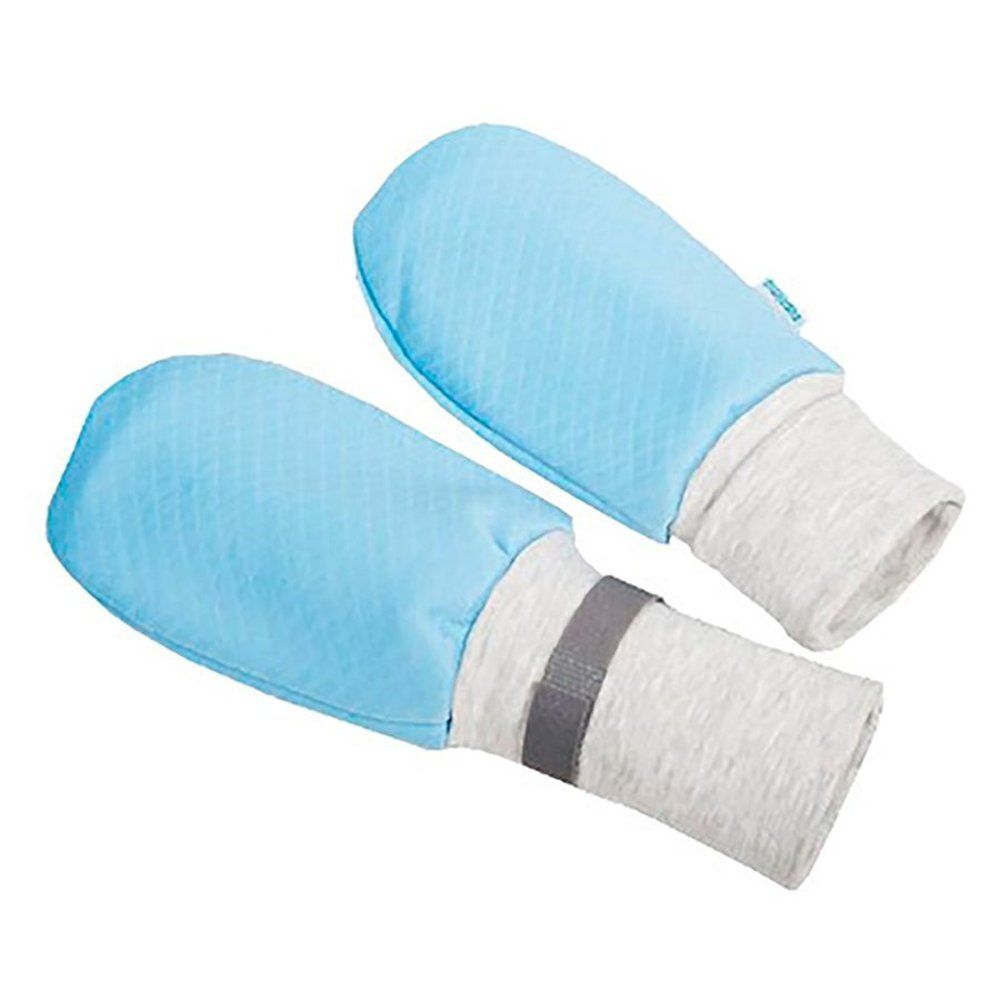 Deux gants patients bleus avec poignets gris. Motif losangé. Bande grise au poignet.