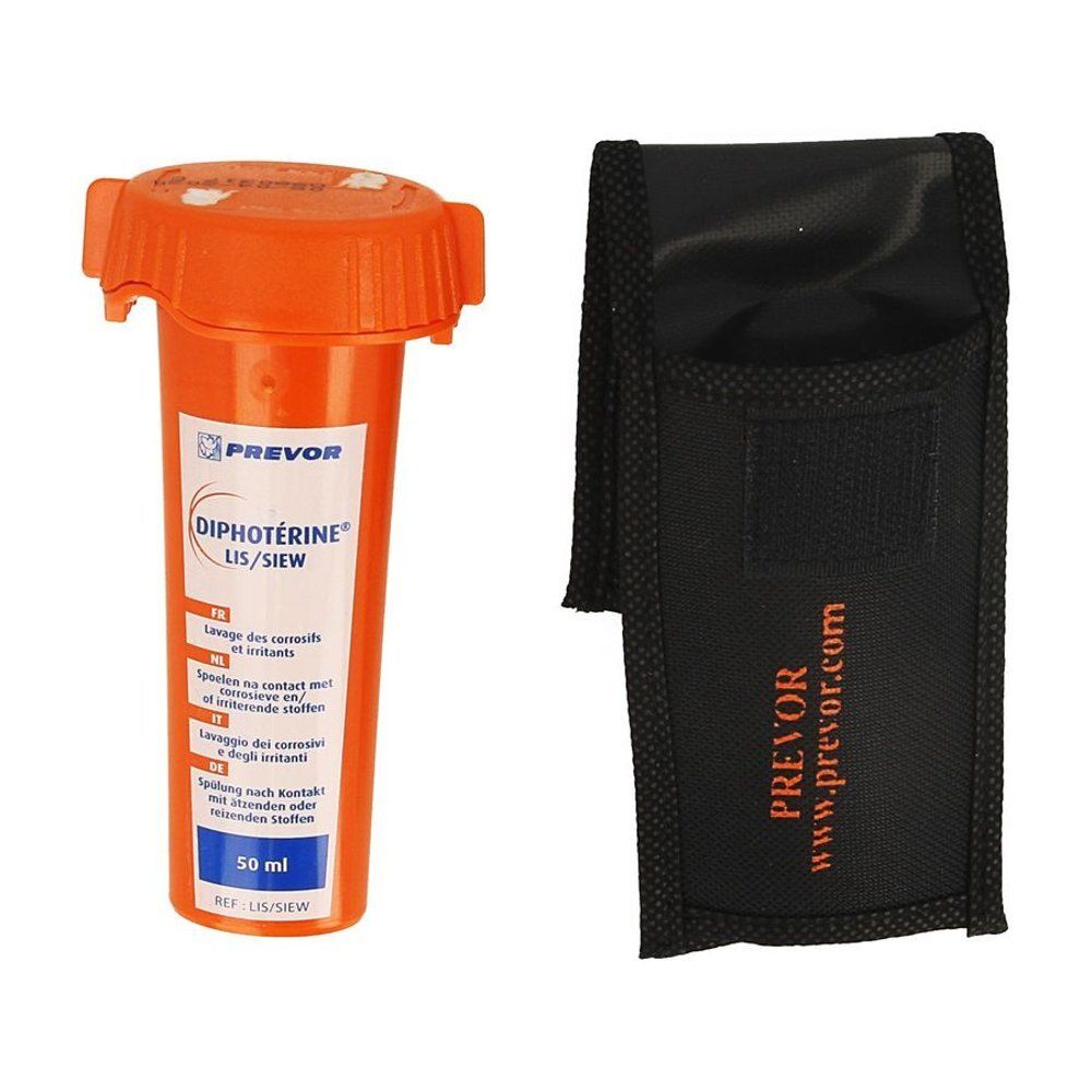 Oranje oogdouche met zwarte hoes. Productnaam en PREVOR-logo zichtbaar. 50 ml.