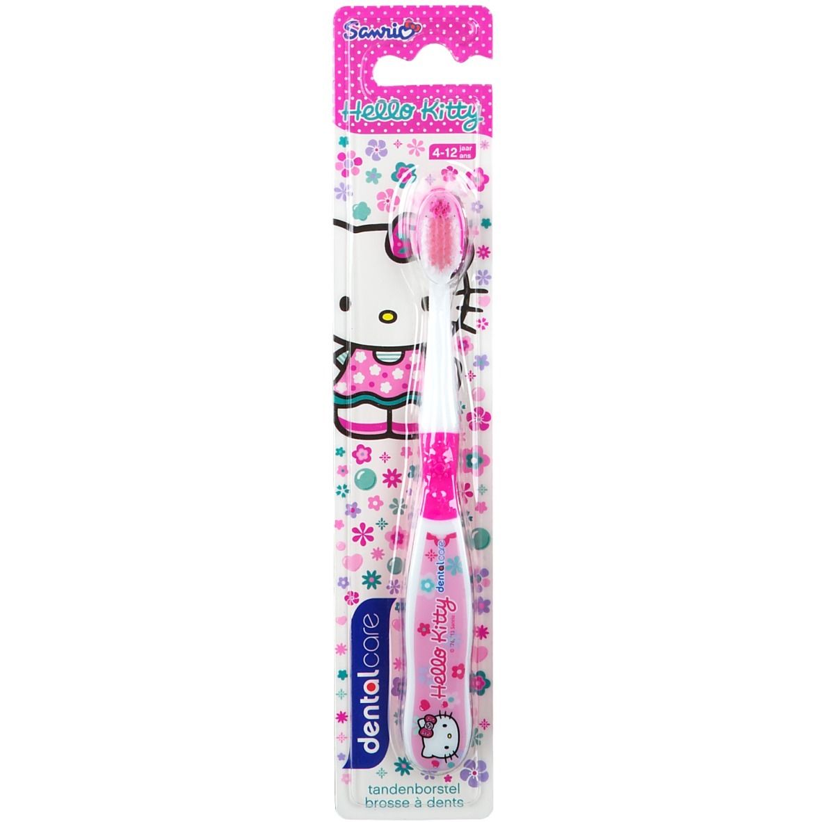 Roze tandenborstel voor kinderen, Hello Kitty-motief, blisterverpakking. Opschriften: "dentalcare", "4-12 jaar".