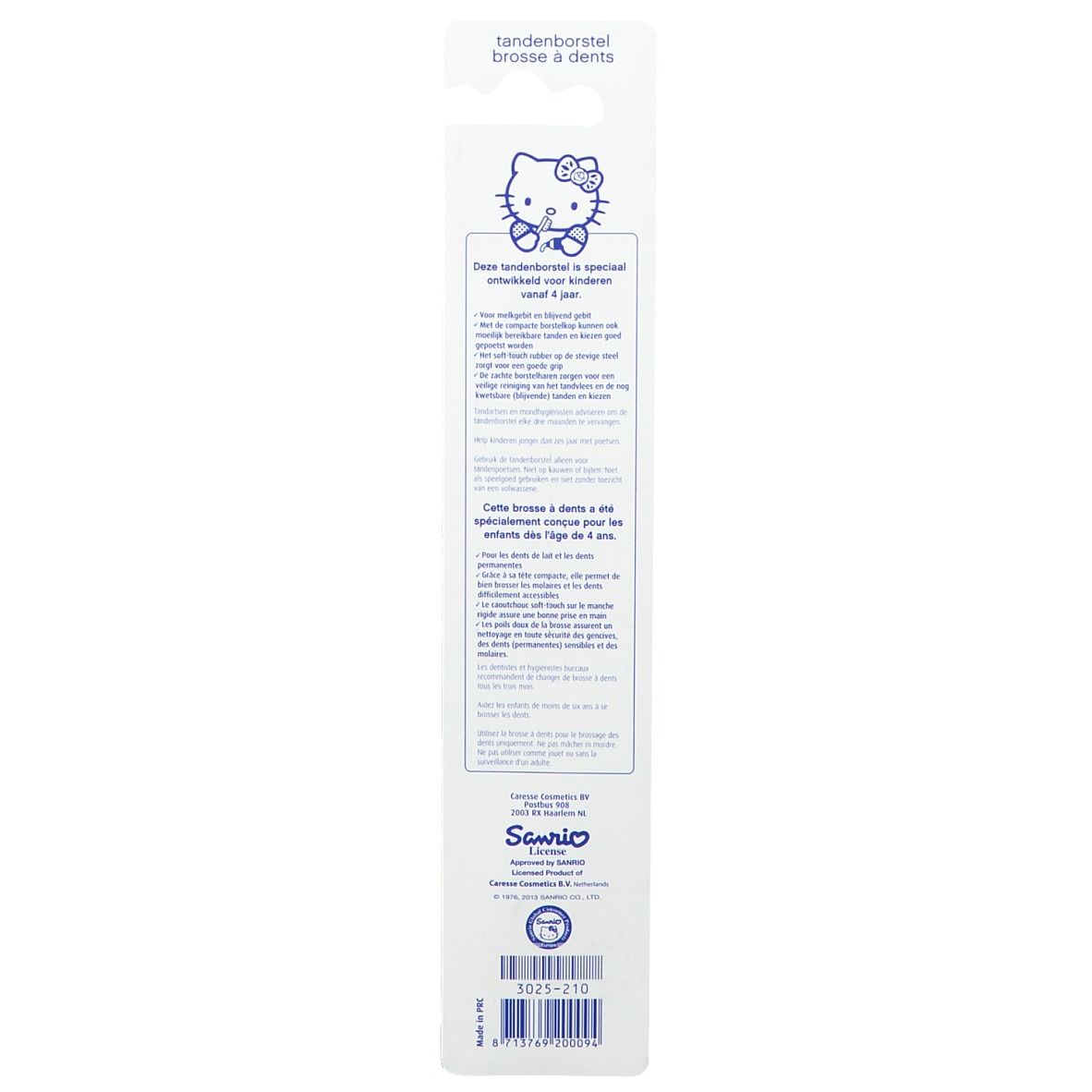 Achterkant van de blisterverpakking. Meertalige tekst, Hello Kitty-logo, fabrikantgegevens.