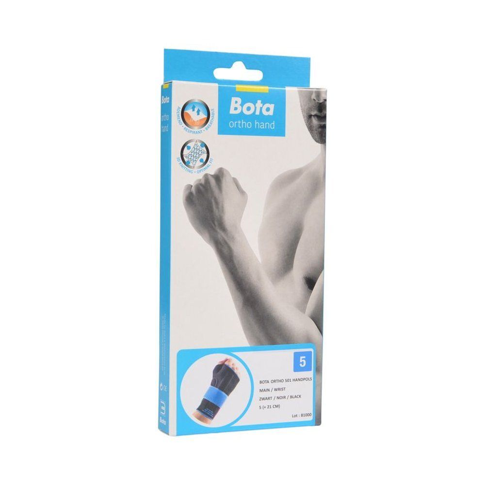 Verpakking van de polsbrace. Blauw-wit ontwerp. Productnaam en logo. Illustratie van een arm.