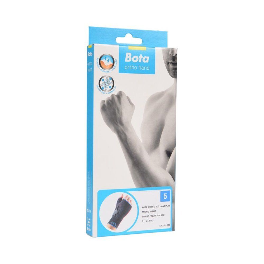 Verpakking van de polsbrace. Blauw-wit ontwerp. Productafbeelding en merklogo.