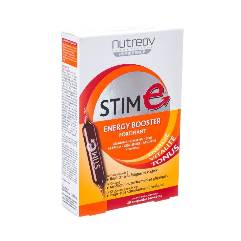 Verpakking van Stim E Energy Booster. Witte doos met oranje en rode accenten. Bevat 20 drinkbare ampullen.