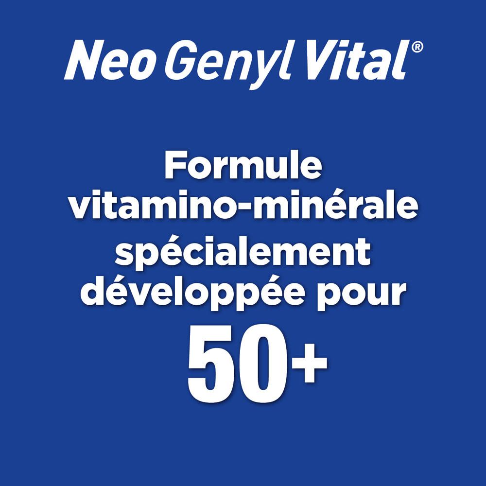 Neo Genyl Vital. Fond bleu. Texte: Formule vitamino-minérale spécialement développée pour 50+.