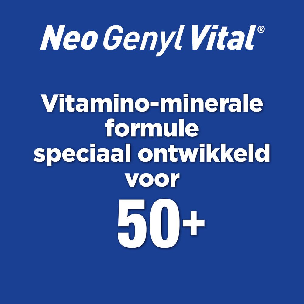 Neo Genyl Vital. Blauwe achtergrond. Tekst: Vitamine-mineralenformule speciaal ontwikkeld voor 50+.
