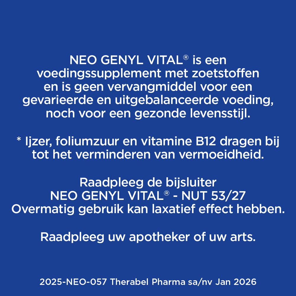 Neo Genyl Vital. Blauwe achtergrond. Tekst: Voedingssupplement. Waarschuwingen. Overmatig gebruik kan laxerend werken.