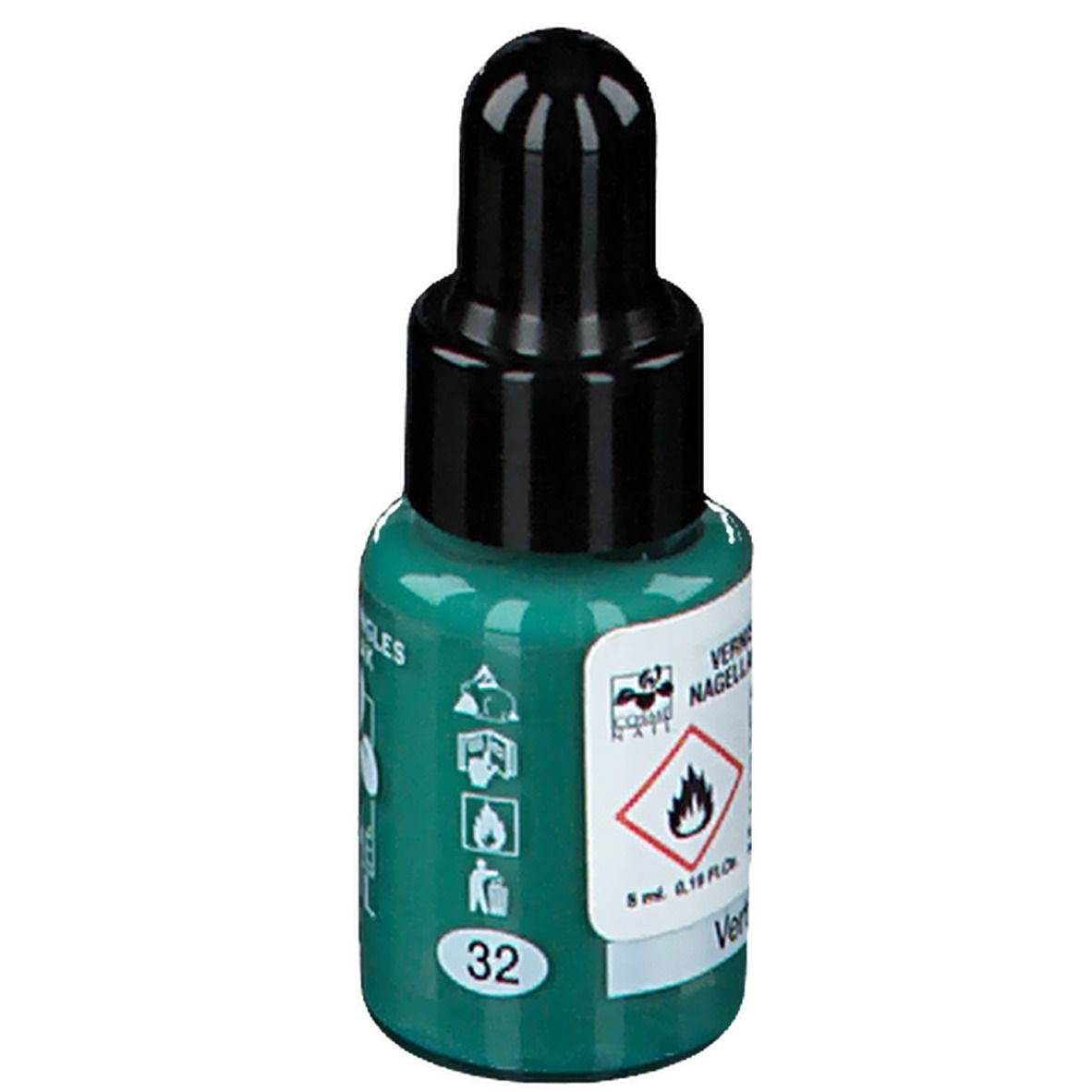 Flacon de vernis à ongles vert avec bouchon noir. Inscription: Vernis à ongles. Couleur: Vert Jade. Numéro 32.