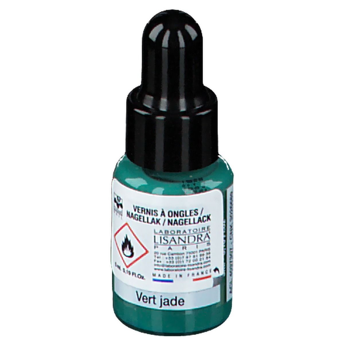 Flacon de vernis à ongles vert avec bouchon noir. Inscription: Vernis à ongles, Nagellack. Couleur: Vert jade. Marque: Lisandra.