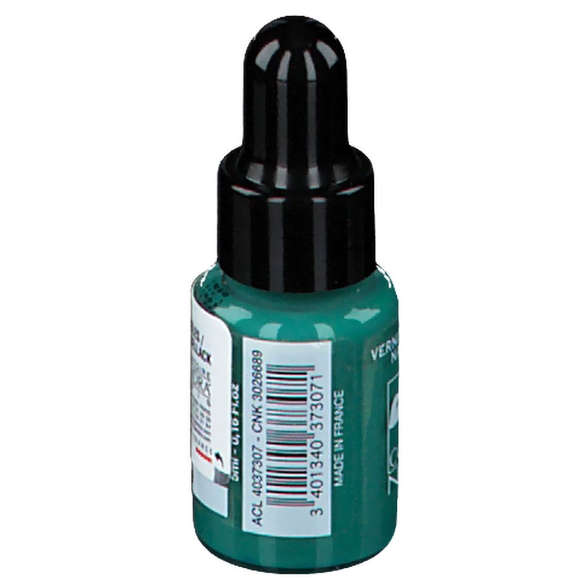 Flacon de vernis à ongles vert avec bouchon noir. Inscription: Vernis à ongles, Nagellack. Fabriqué en France. Code-barres.
