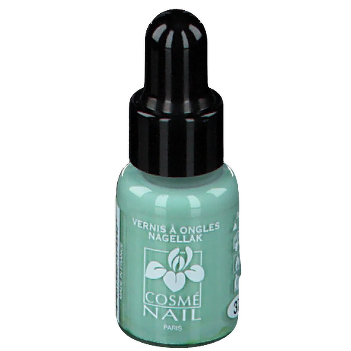Groene nagellak in druppelfles. Zwarte dop. Opschrift: Cosmé Nail, 37.
