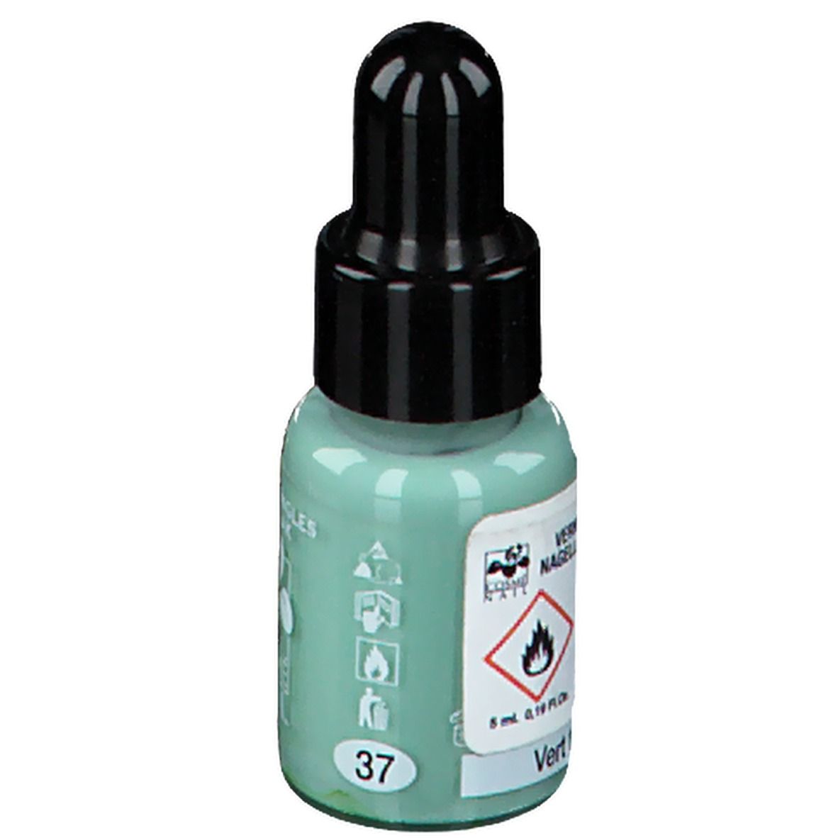 Groene nagellak in druppelfles. Zwarte dop. Opschrift: 37, 8 ml, Vert.
