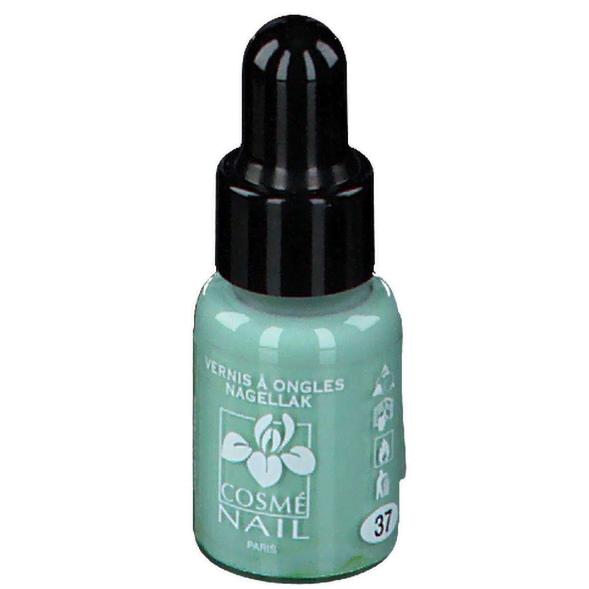 Groene nagellak in druppelfles. Zwarte dop. Opschrift: Cosmé Nail, 37.