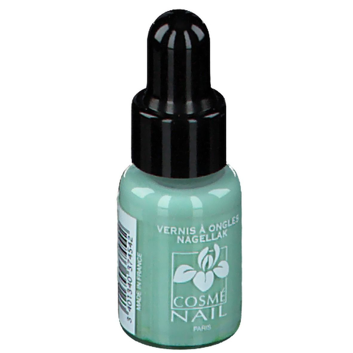 Groene nagellak in druppelfles. Zwarte dop. Opschrift: Cosmé Nail, Made in France.