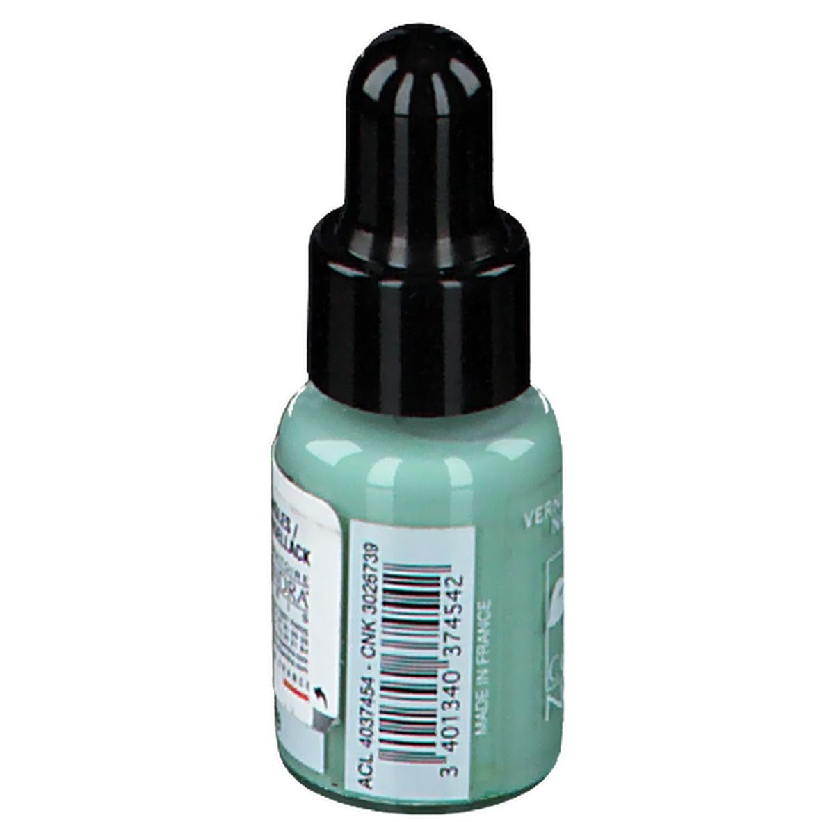 Groene nagellak in druppelfles. Zwarte dop. Opschrift: Made in France, barcode.
