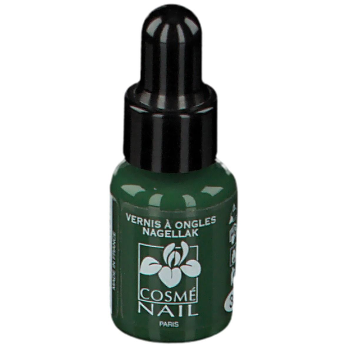 Groene nagellakfles met zwarte dop. Opschrift: Cosménail Paris. Kleur: Light Emerald Green.