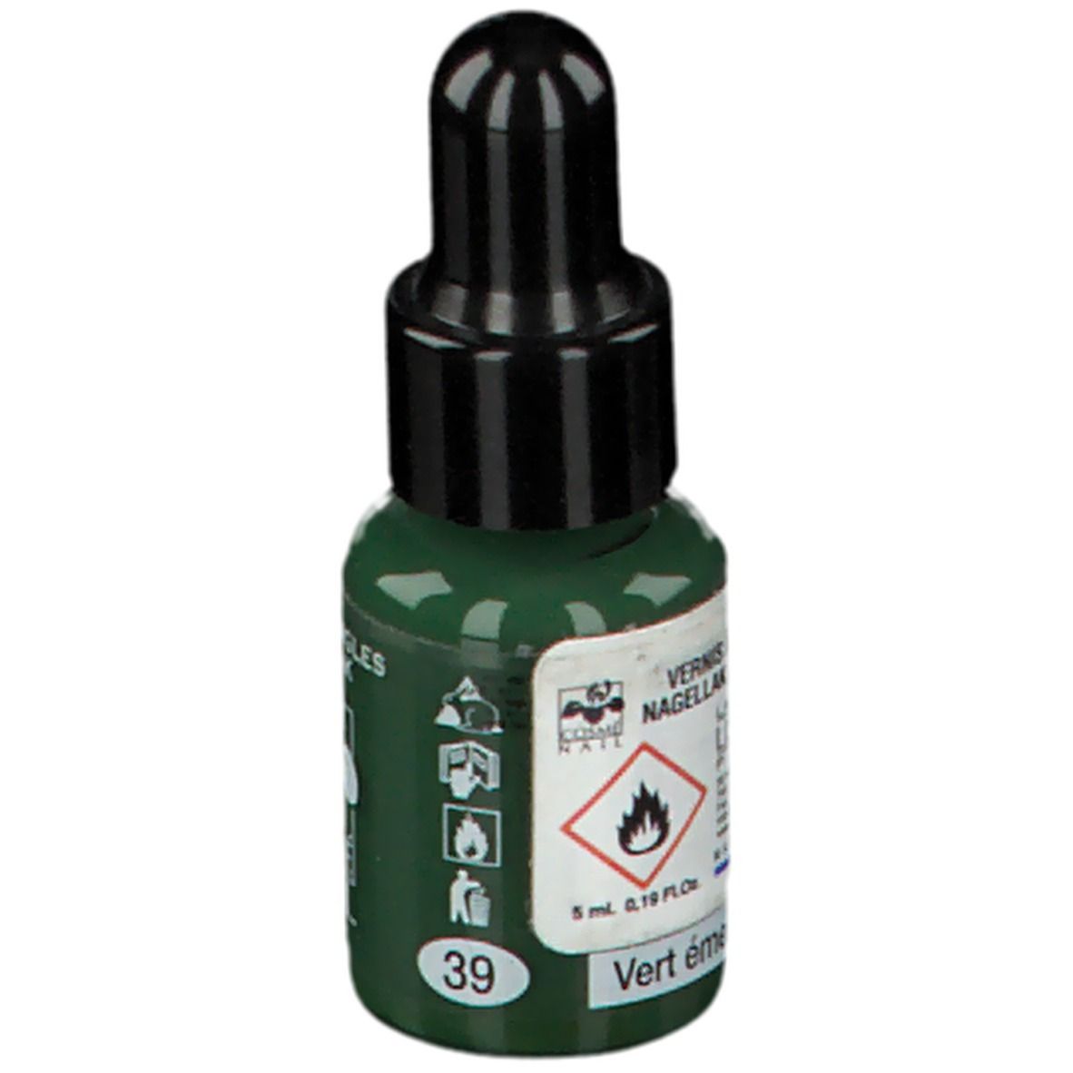 Groene nagellakfles met zwarte dop. Opschrift: 39, Vert émeraude. Waarschuwing: Ontvlambaar.