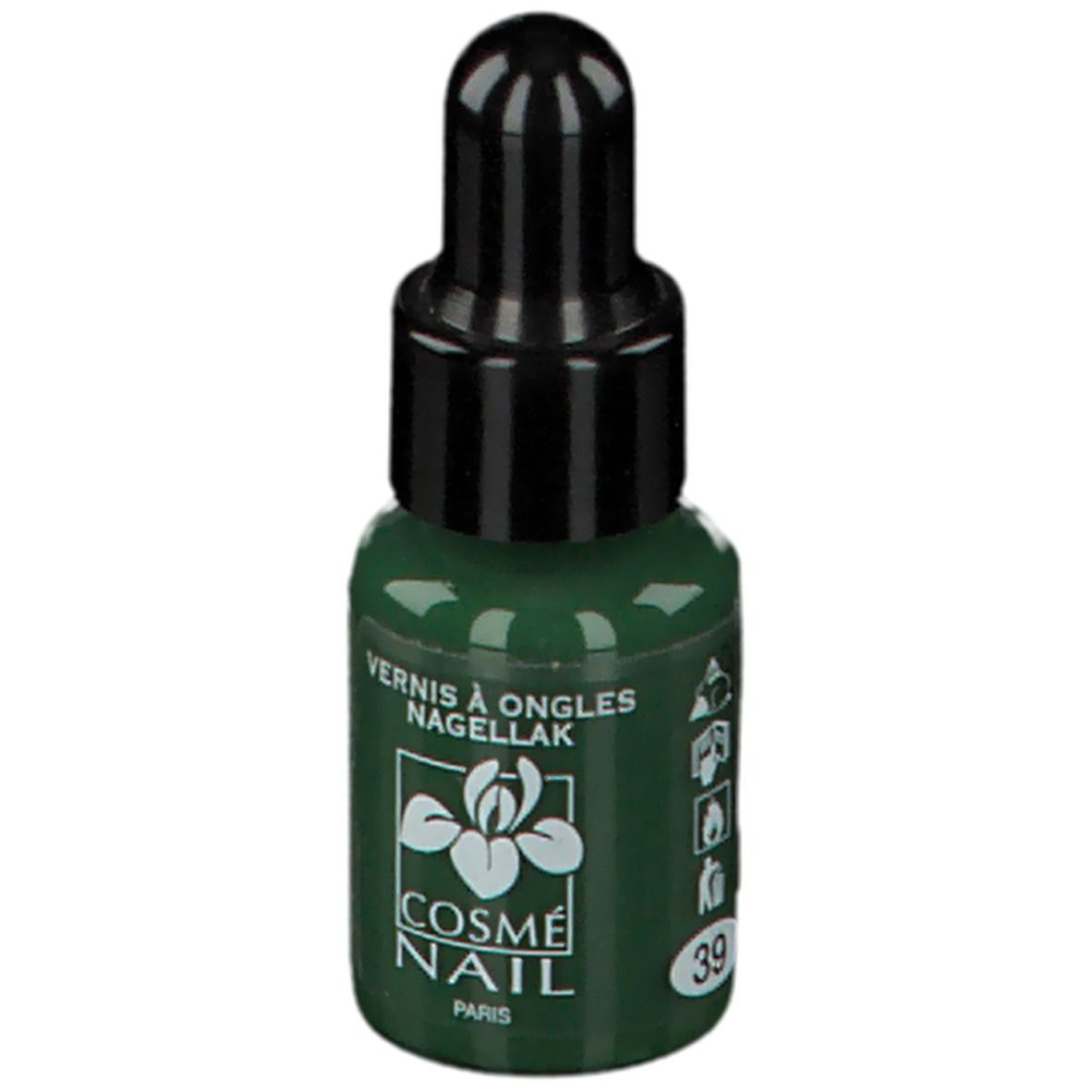 Groene nagellakfles met zwarte dop. Opschrift: Cosménail Paris. Kleur: 39.